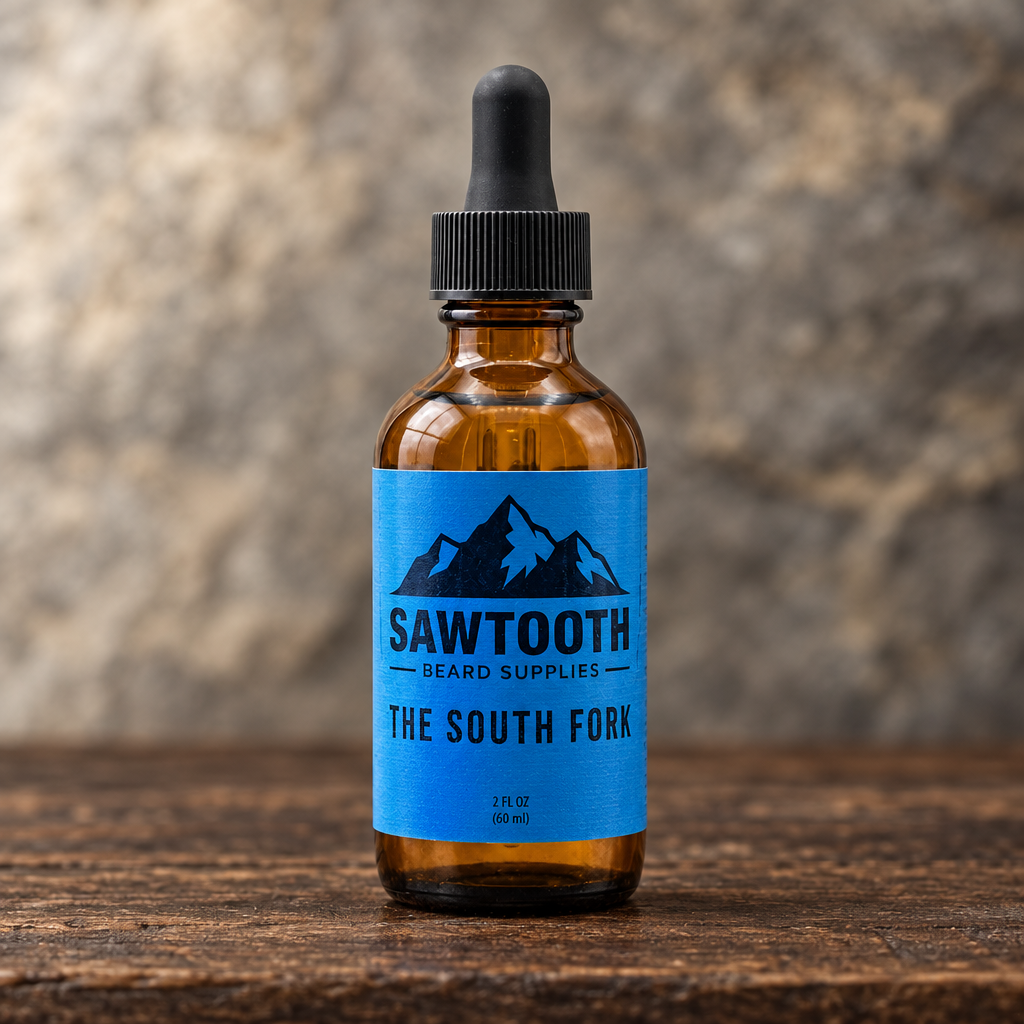 South Fork Beard Oil in its blue-labeled amber dropper bottle on rustic wood against a stone backdrop