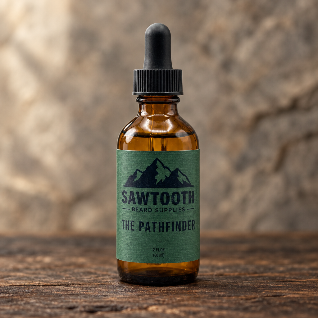 Pathfinder Beard Oil in its green-labeled amber dropper bottle on rustic wood against a stone backdrop