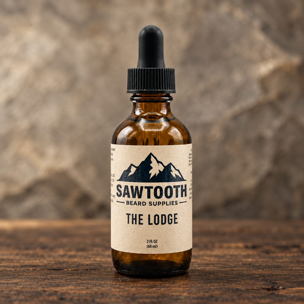 Lodge Beard Oil in its cream-labeled amber dropper bottle on rustic wood against a stone backdrop