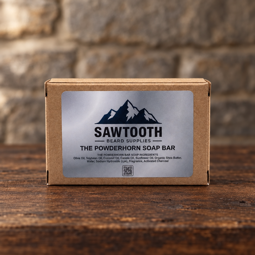 The Powderhorn Soap Bar in its silver-labeled kraft carton on rustic wood against a stone backdrop