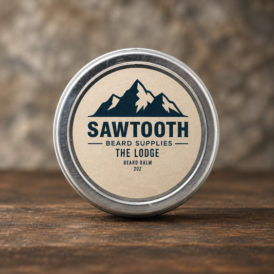 The Lodge Beard Balm in its cream-labeled silver tin on rustic wood against a stone backdrop