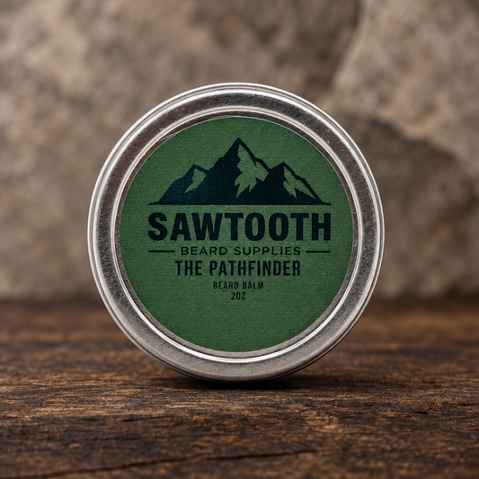 Pathfinder Beard Balm in its green-labeled silver tin on rustic wood against a stone backdrop